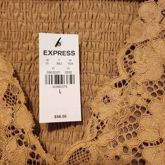 NEW Express Lace Smocked Back Sleeveless Blouse Dusty Gold - Picture 7 of 10